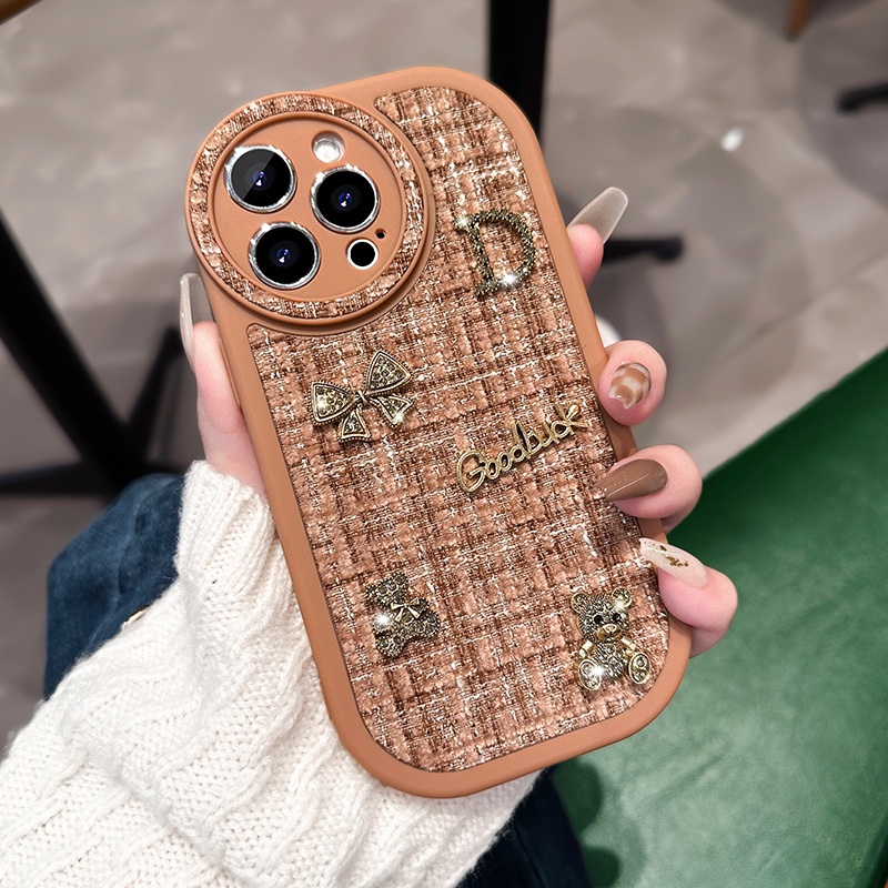 Ốp Điện Thoại Vải Mềm Đính Nơ Hình Gấu Cho iPhone 14 Pro Max 12 13 iPhone 11