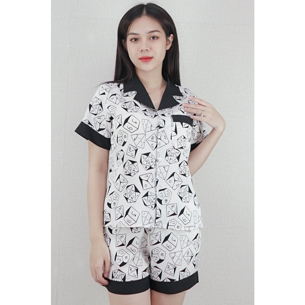Bộ đồ Pijama nữ Quần ngắn tay ngắn TRẮNG Ô VUỒNG ĐEN PHA CỔ ĐEN - vải lụa nhật cao cấp - sang chảnh