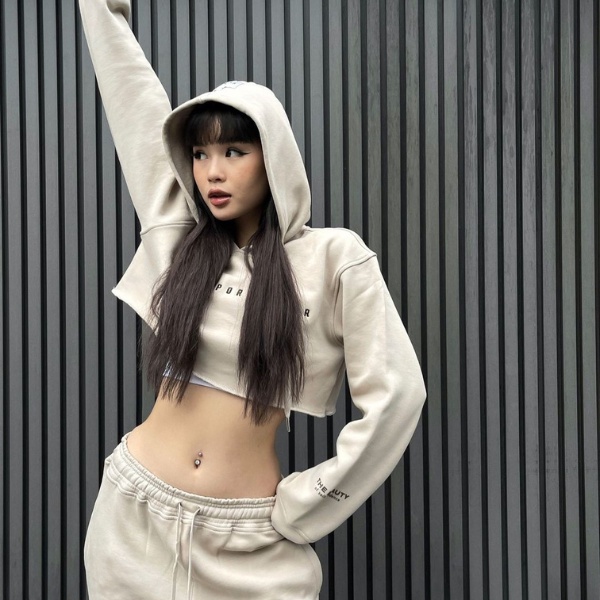 Bộ thể thao nữ Fitme áo Hoodie Croptop Be, quần jogger nỉ bông Be chất cotton dày dặn form rộng