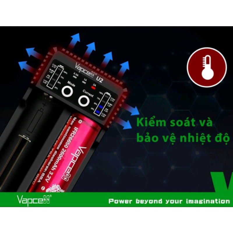 Sạc pin Vapcell U2, sạc được pin Ni-MH, Ni-CD, Li-ion 18650,21700,26650