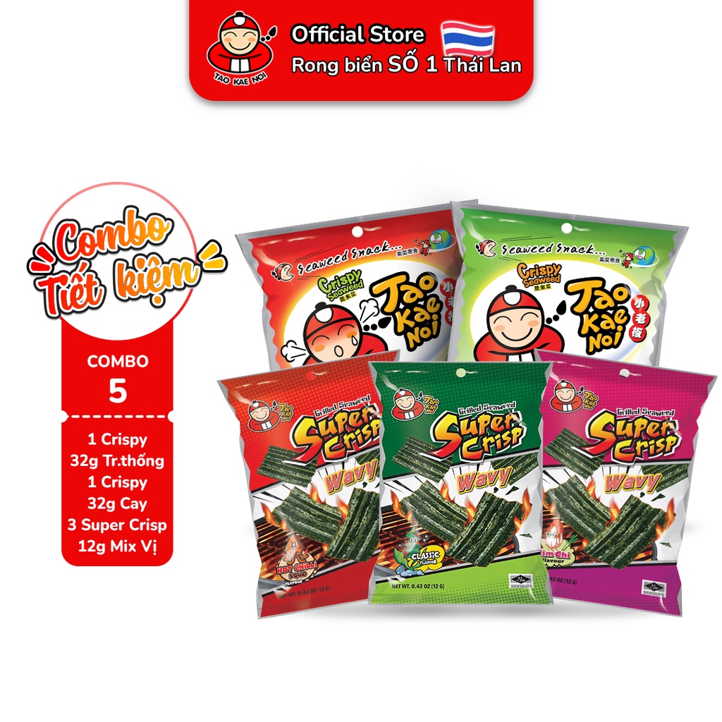 [COMBO TIẾT KIỆM] Snack Rong Biển TaoKaeNoi Crispy Seaweed 32g (TT ,Cay), Super Crisp 12g (TT, Mực, Kim Chi) (5 gói)