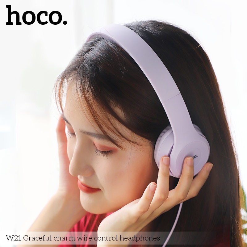 Tai nghe Hoco W21 tím kết nối jack 3.5mm, mút đệm hạn chế âm thanh phát ra, giảm đau tai, dây dài 1.2m
