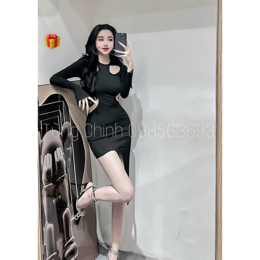 Đầm tay dài khoét 2 bên vai ôm body hở eo ra lưng xéo tà sexy , chất thun gân mềm mịn