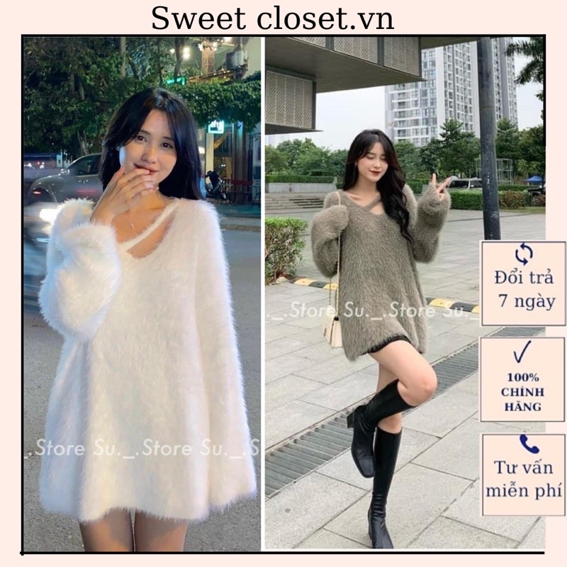 Áo len lông thỏ cổ chéo dây đan qccc ( video ảnh thật )