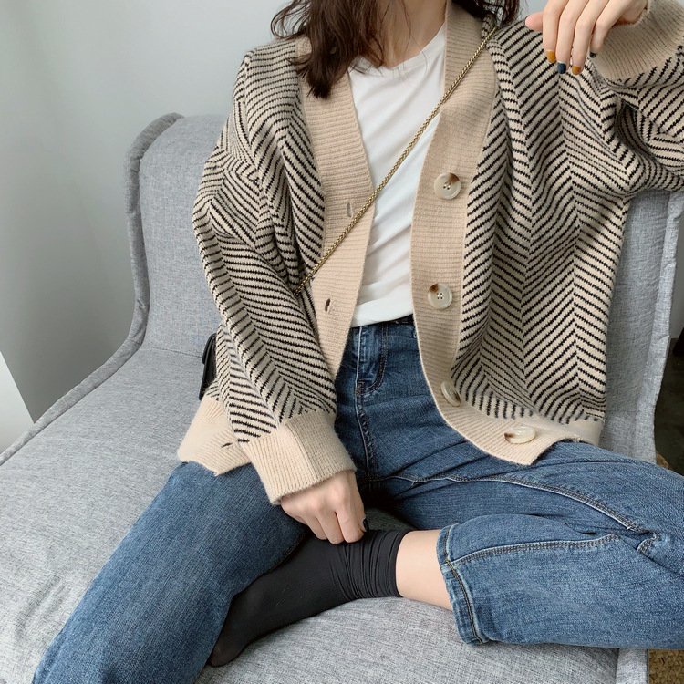 Áo Khoác Cardigan Len Dáng Rộng Họa Tiết Xương Cá - Hàng Quảng Châu
