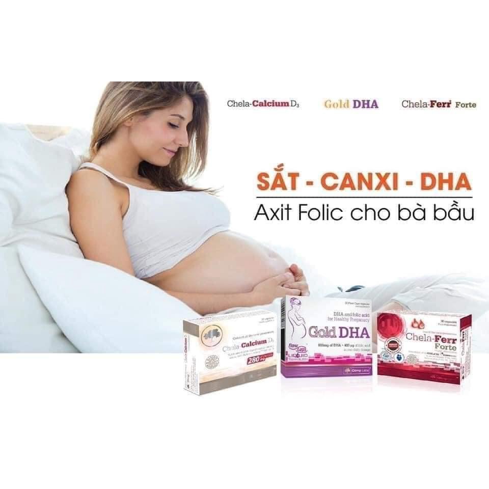 COMBO 3 hộp Sắt Chela-Ferr Forte, Gold DHA, Canxi Chela-Calcium D3. Giúp mẹ bầu bổ sung dưỡng chất thiết yếu cho cơ thể.