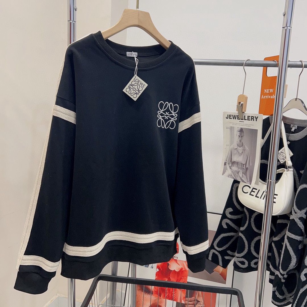 1U9L LOEWE real shot spot autumn and winter New ribbon embroidery sweater loose High version round neck sweater for men and women