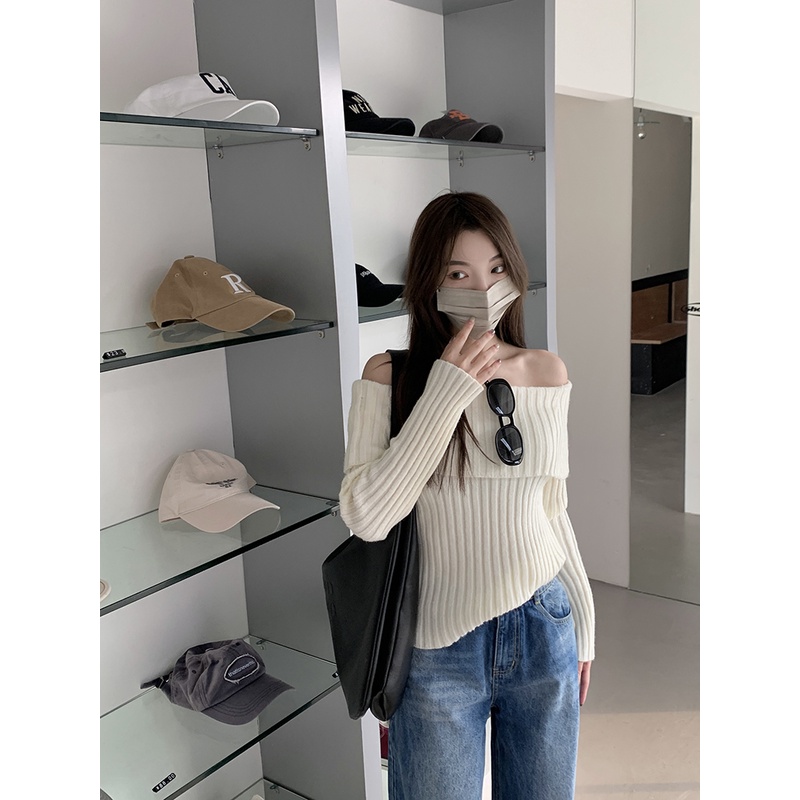 Set Áo sweater Dệt Kim Cổ Suông + Quần Jean Ống Rộng Đa Năng Thời Trang Cho Nữ