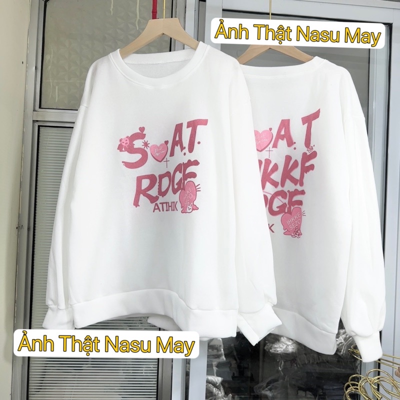 Áo Sweater SOAT Nữ Form Rộng Cổ Tròn Màu Trắng In trái tim Chữ Màu Hồng