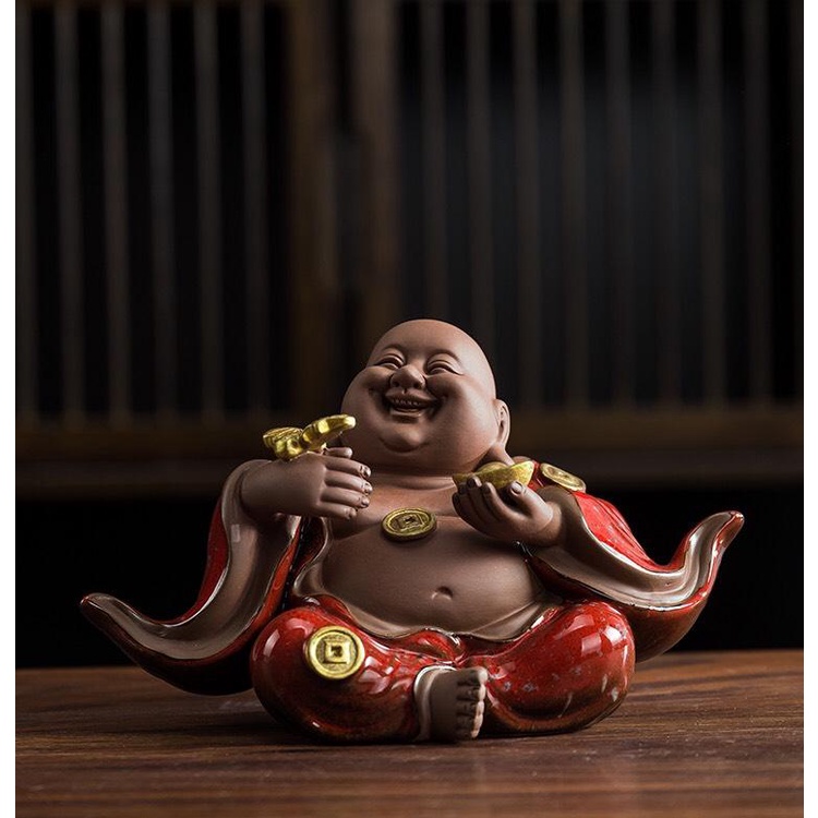 Tượng Di Lặc hoan hỉ tài lộc cỡ nhỏ cao cấp sắc nét men hỏa biến- Tượng Di Lặc gốm tử sa trang trí bàn trà, quà tặng