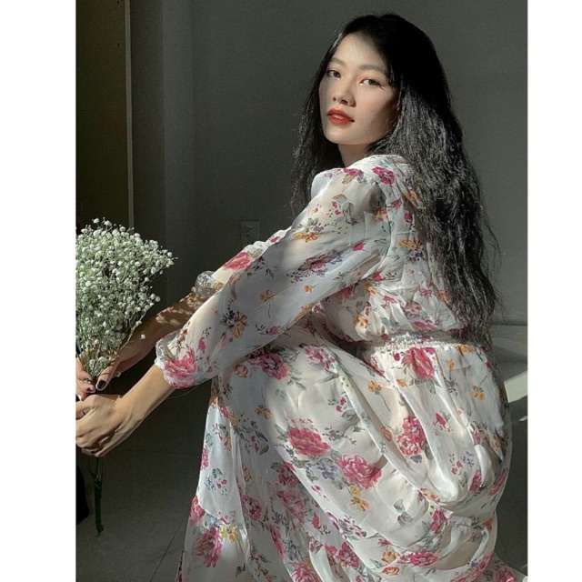 Váy maxi hoa hồng cổ tròn nhiều tầng đầm công chúa xòe đẹp chụp hình dự tiệc vintage Kawaii