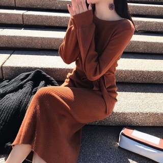 Đầm Dệt Kim Dài Tay Màu Trơn Phong Cách Retro Thời Trang Mùa Thu Dành Cho Nữ