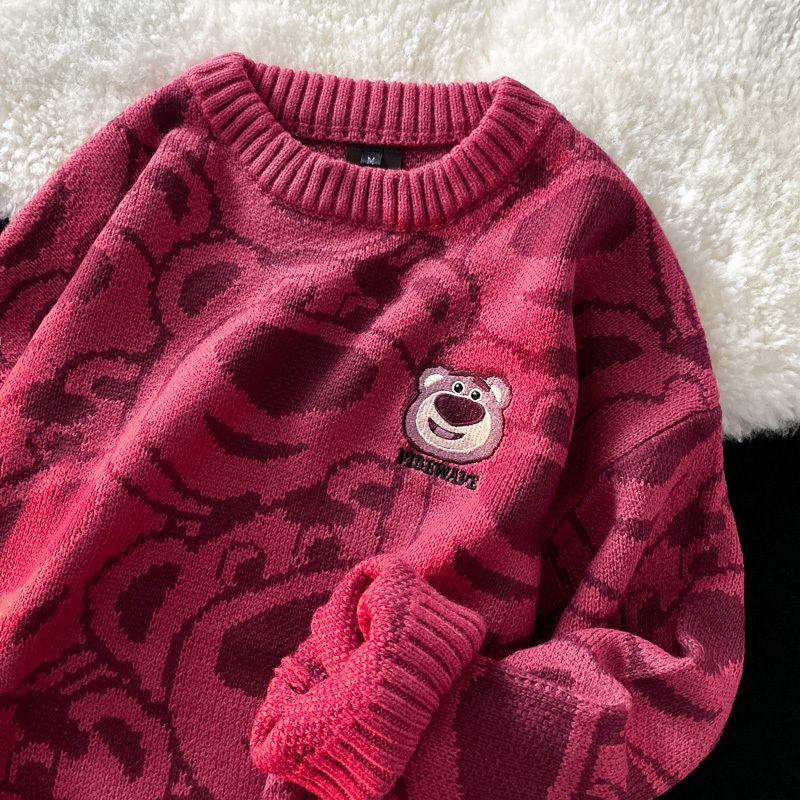 Áo Sweater Cổ Tròn Dáng Rộng In Hình Gấu Và Dâu Tây Màu Đỏ Rượu Vang Phong Cách Nhật Bản Thời Trang Thu Đông Cho Nữ IZCE