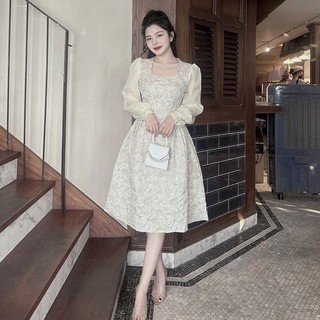 VÁY GẤM LI EO CỔ VUÔNG CÓ LÓT PHỐI