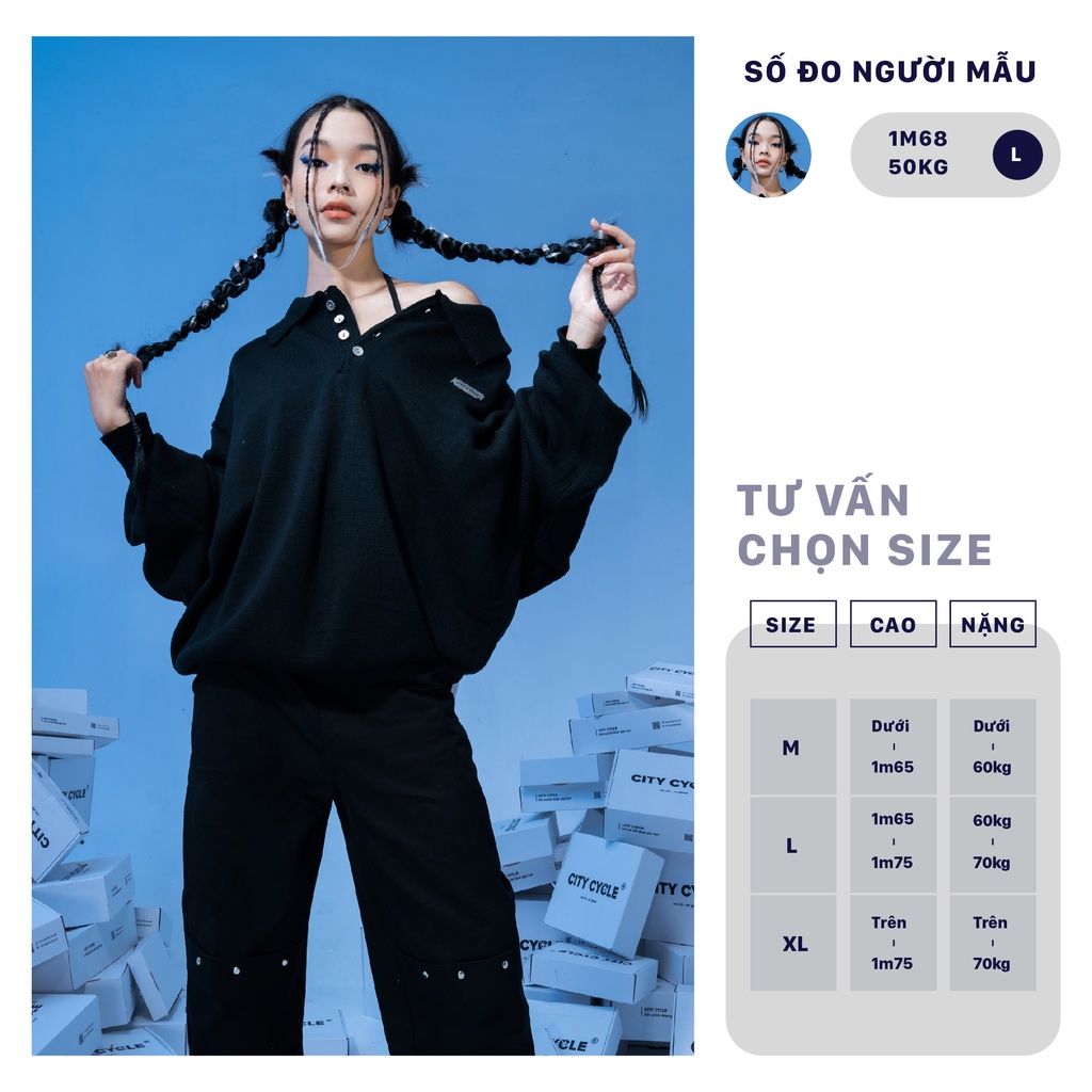 Áo polo local brand dài tay Black Steel City Cycle len cổ bẻ form rộng nam nữ oversize unisex