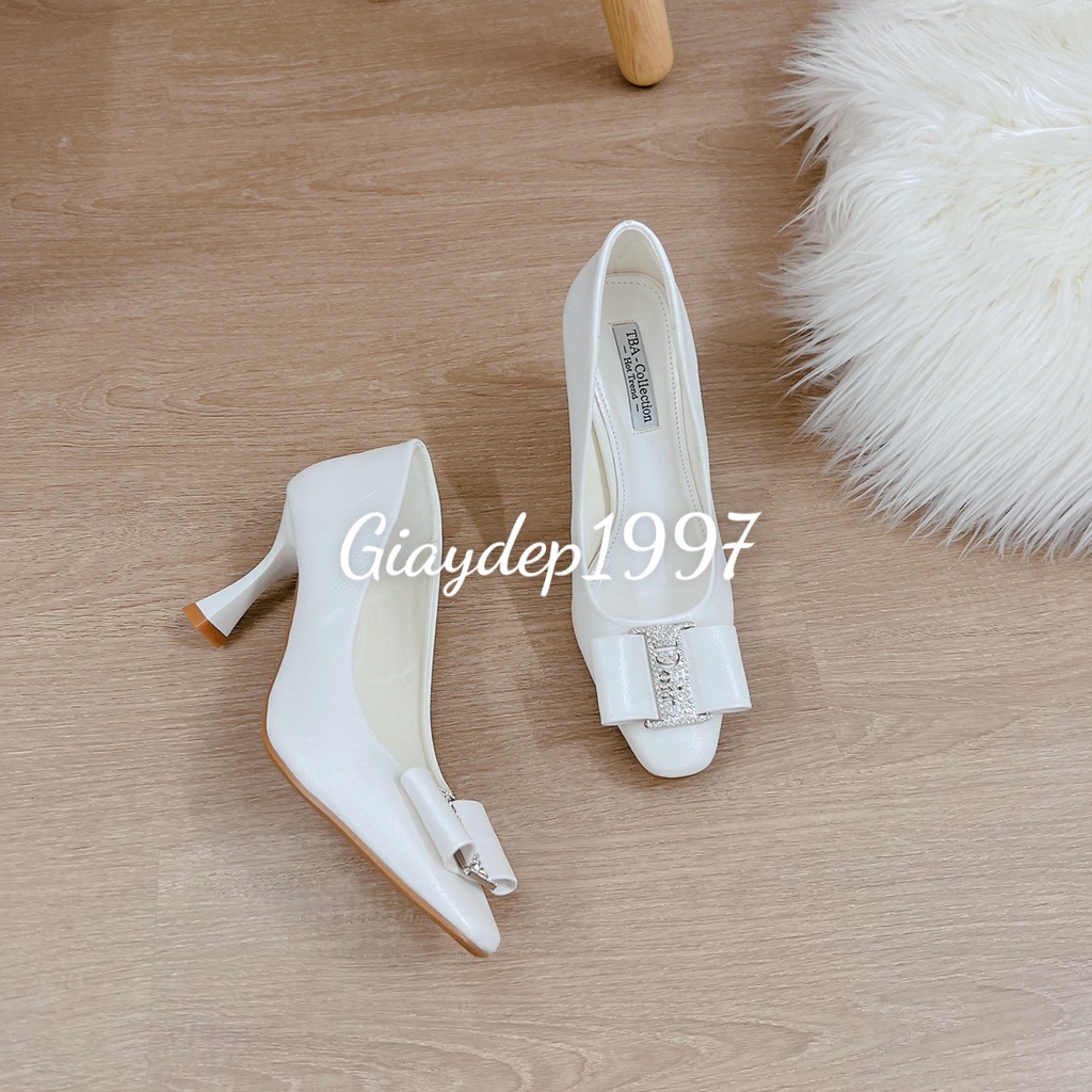 Giày cao gót mũi vuông phối khóa nơ sang chảnh nữ tính cao cấp hàng công ty xuất khẩu