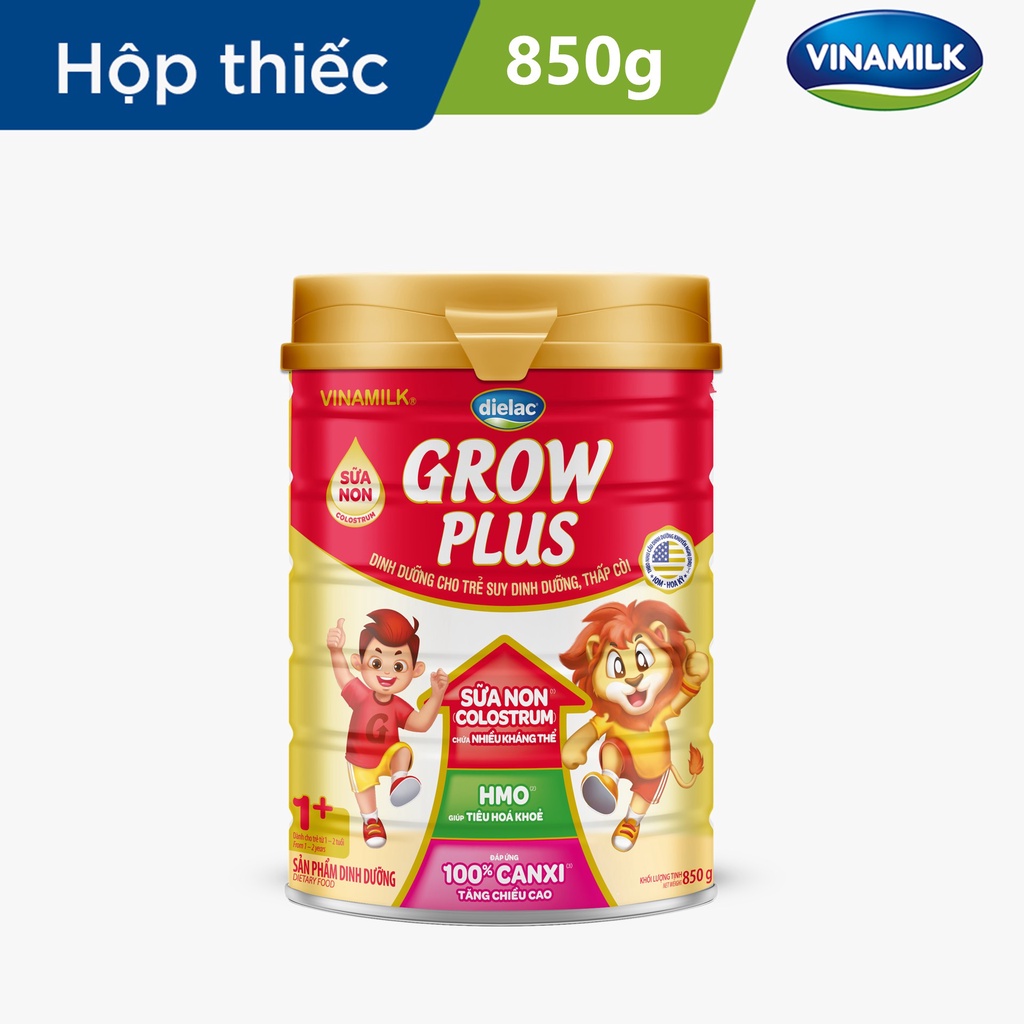 Sữa bột Dielac Grow Plus 1+ HMO 850g - Sữa non hỗ trợ Bé suy dinh dưỡng, thấp còi, tăng cân cao khỏe
