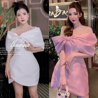 Đầm tafta trắng hồng phối nhũ kim tuyến 2 dây bẹt vai nơ, váy ngắn dáng chữ A sang trọng quý phái dự tiệc sinh nhật