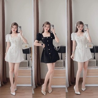 Đầm Dạ Nữ Ms.3067 Đầm Dạ Hai Lớp Dáng Chữ A Đính Cúc Đồng, Thiết Kế Cổ Vuông Tay Bồng