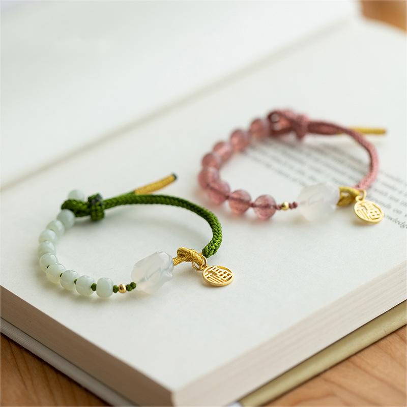 Vòng Đeo Tay May Mắn Dạng Chuỗi Hạt Pha Lê Tự Nhiên Họa Tiết Hoa Đào / Thỏ Yu / Hoa Đào Dễ Thương Dành Cho Bạn Gái