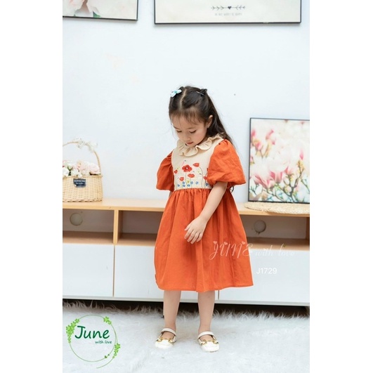 Đầm thô cara cam phối thêu 1-10Y