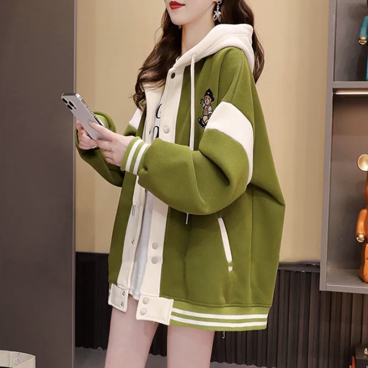 Áo Bomber Unisex - Áo khoác nỉ Hoodie mũ trùm đầu 2 lớp thêu hình gấu dễ thương | BigBuy360 - bigbuy360.vn