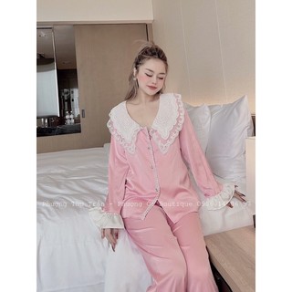 Bộ Pijama xước tay dài cổ phối ren tiểu thư
