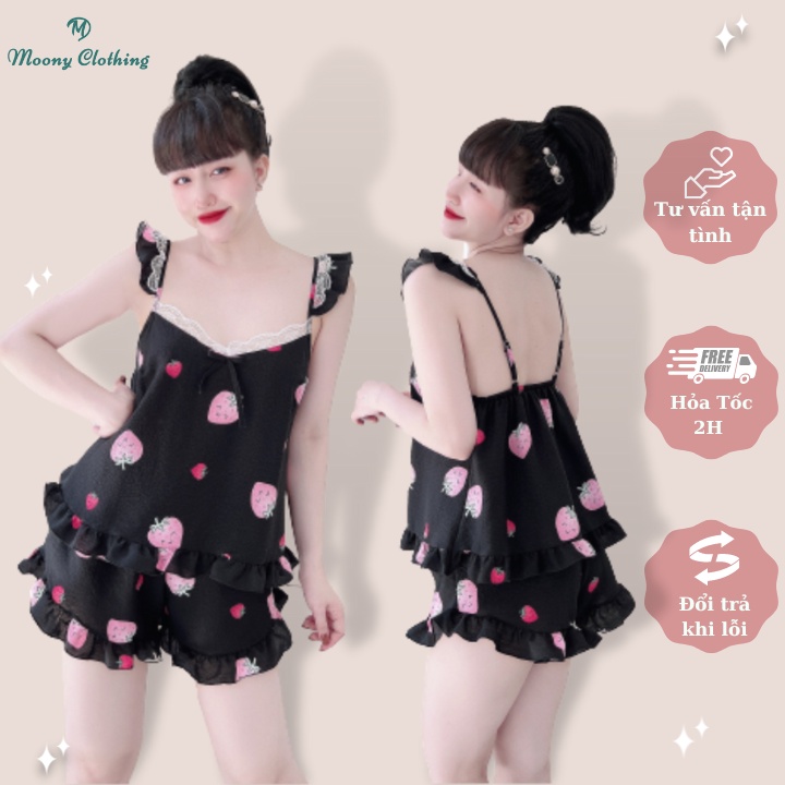 Bộ Đồ Ngủ Nữ 2 Dây Cánh Tiên Pha Ren Sexy, Quyến Rũ. Set Đùi Mặc Nhà Vải Đũi Xốp Mềm Nhẹ, Thoáng Mát. Freesize < 55kg