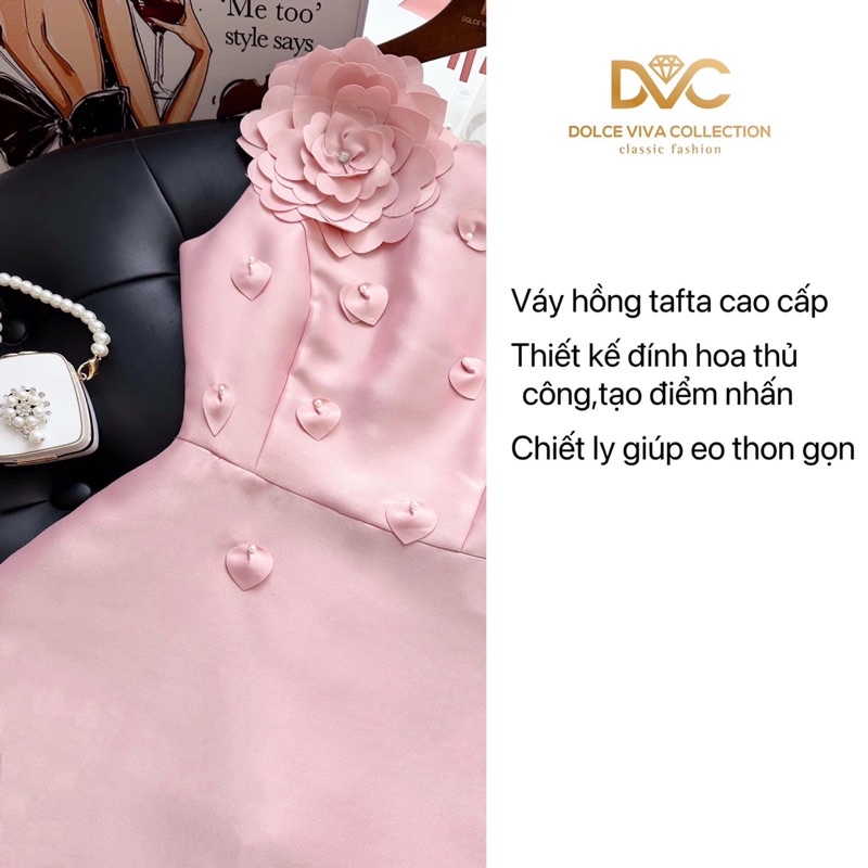 V3120 váy chữ A màu hồng gắn hoa