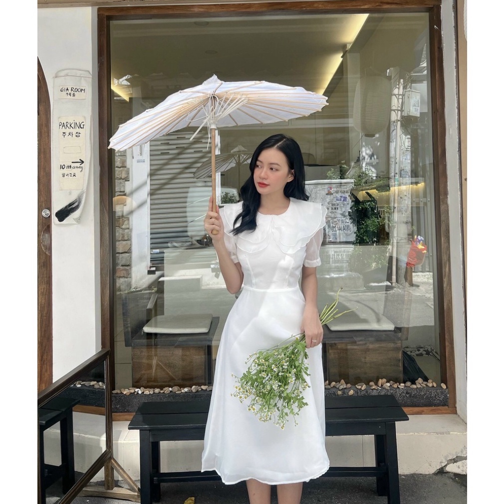 Đầm váy xoè midi bồng cổ sen bèo tay ngắn xanh trắng cổ tròn cao cấp dạ hội dự tiệc đám cưới đi biển bigsize