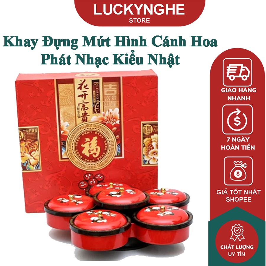 Khay Đựng Mứt Hình Cánh Hoa Xoay 360 Độ, Khay Đựng Bánh Kẹo Tết Qúy Mão 2023 Phát Nhạc Kiểu Nhật