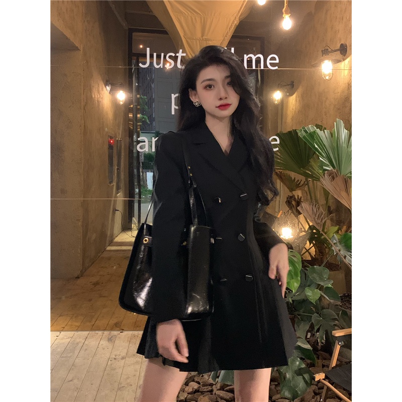 Đầm Váy Đen Trơn Nữ Thiết Kế Xếp Ly Xòe Nhẹ Nhấn Eo Kiểu Vest Phong Cách Đơn Giản Sang Trọng Tôn Dáng Hàng Quảng Châu