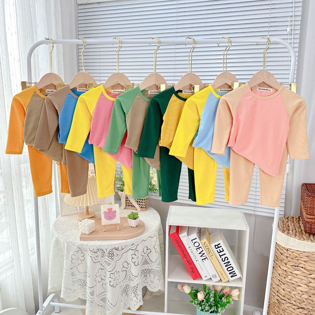 Bộ Thun Gân Dài Tay Cho Bé Gái, Bé Trai KIMCHIBABY Tay Giáp Lăng Cổ Viền, Bộ Quần Áo Cho Bé Mặc Nhà MKMTD2242