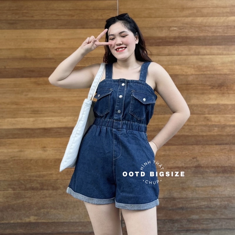Yếm quần short jean bigsize nữ chun eo lật lai (OOTD BIGSIZE 60-90KG)