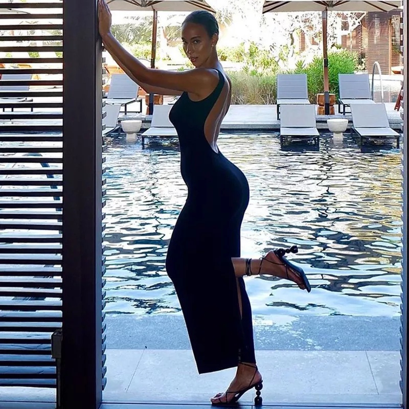 Đầm Ôm Dáng Không Tay Hở Lưng Xẻ Tà Màu Trơn Đơn Giản Dành Cho Nữ