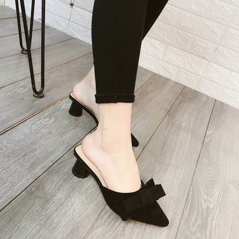 Dép sục nữ nơ ngang lụa bóng gót trụ hot hit