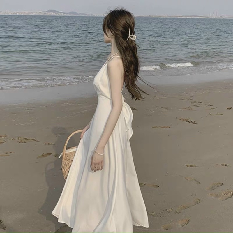 Đầm maxi trắng nơ sau có mút ngực