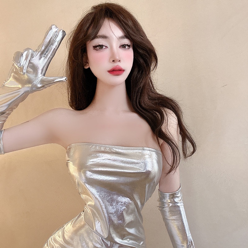 Đầm Ống Ôm Ngực Dạng Ống Quấn Ngực Màu Bạc Sáng Bóng Quyến Rũ Cho Nữ ~