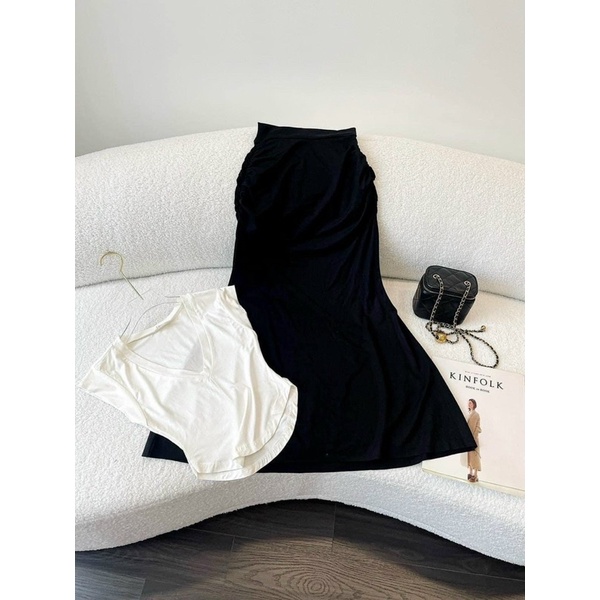 set cotton thun lụa lạnh áo crop cổ tim lai bầu và chân váy nhúng che bụng đuôi cá