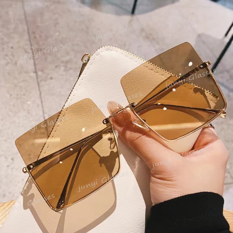 Kính Mát Gọng Vuông Lớn Nửa Gọng Kim Loại Nhiều Màu Trong Suốt Phong Cách Retro Thời Trang Cho Nam Nữ