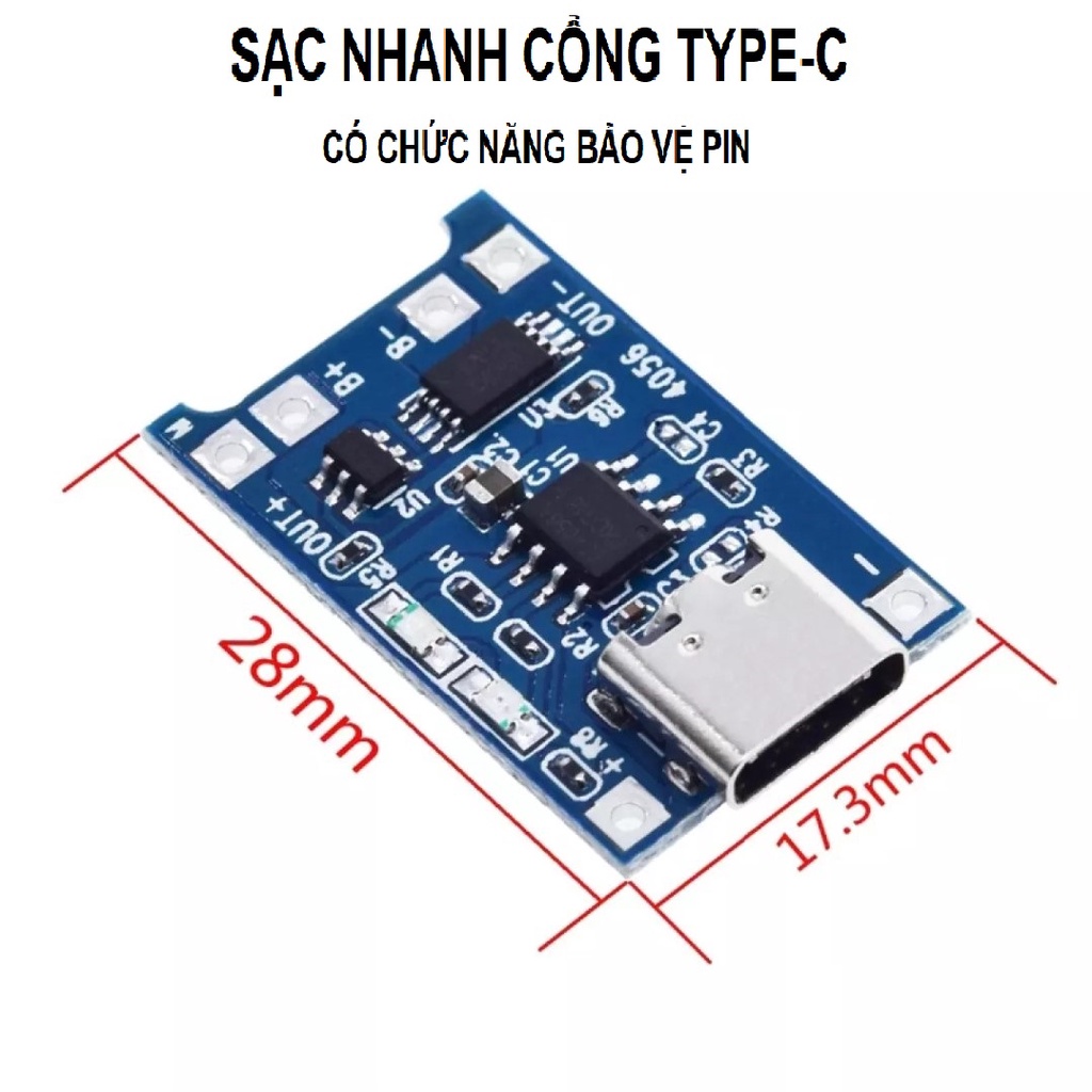 Mạch sạc TP4056 Sịn cổng sạc type C. Hỗ trợ sạc nhanh 2A và có chức năng bảo vệ pin 1S 18650 4.2V