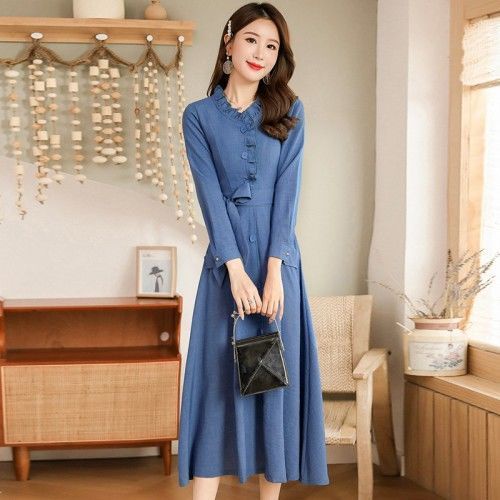 Đầm Lanh Cotton Tay Dài Ôm Eo Thời Trang Mùa Xuân 2022