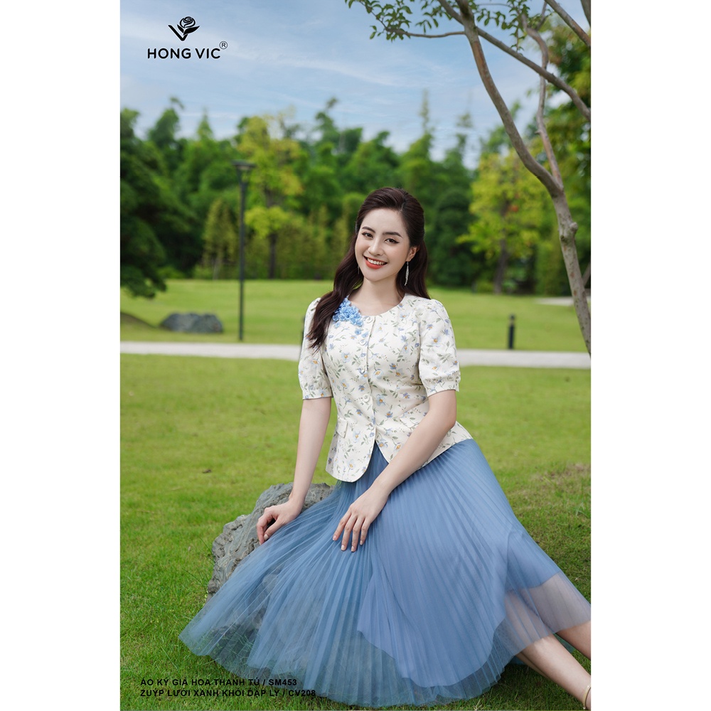 Chân váy nữ thiết kế Hong Vic lưới xanh khói dập ly CV208