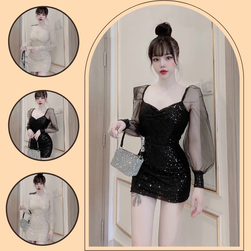 Đầm váy ôm body kim sa tay phối lưới dễ thương ( có mút ngực, có lót trong )