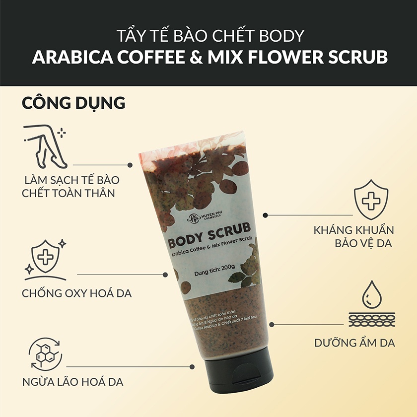 Tẩy tế bào chết body Arabica Coffee Mix Flower Scrub Huyền Phi 200g làm sạch da dưỡng ẩm và bảo vệ da