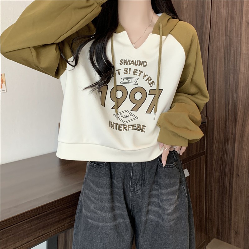 Áo Hoodie Lửng Cổ V In Chữ Tương Phản Kiểu Vintage Thời Trang Mùa Thu