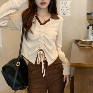 Áo gân cổ bẻ tay dài rút dây