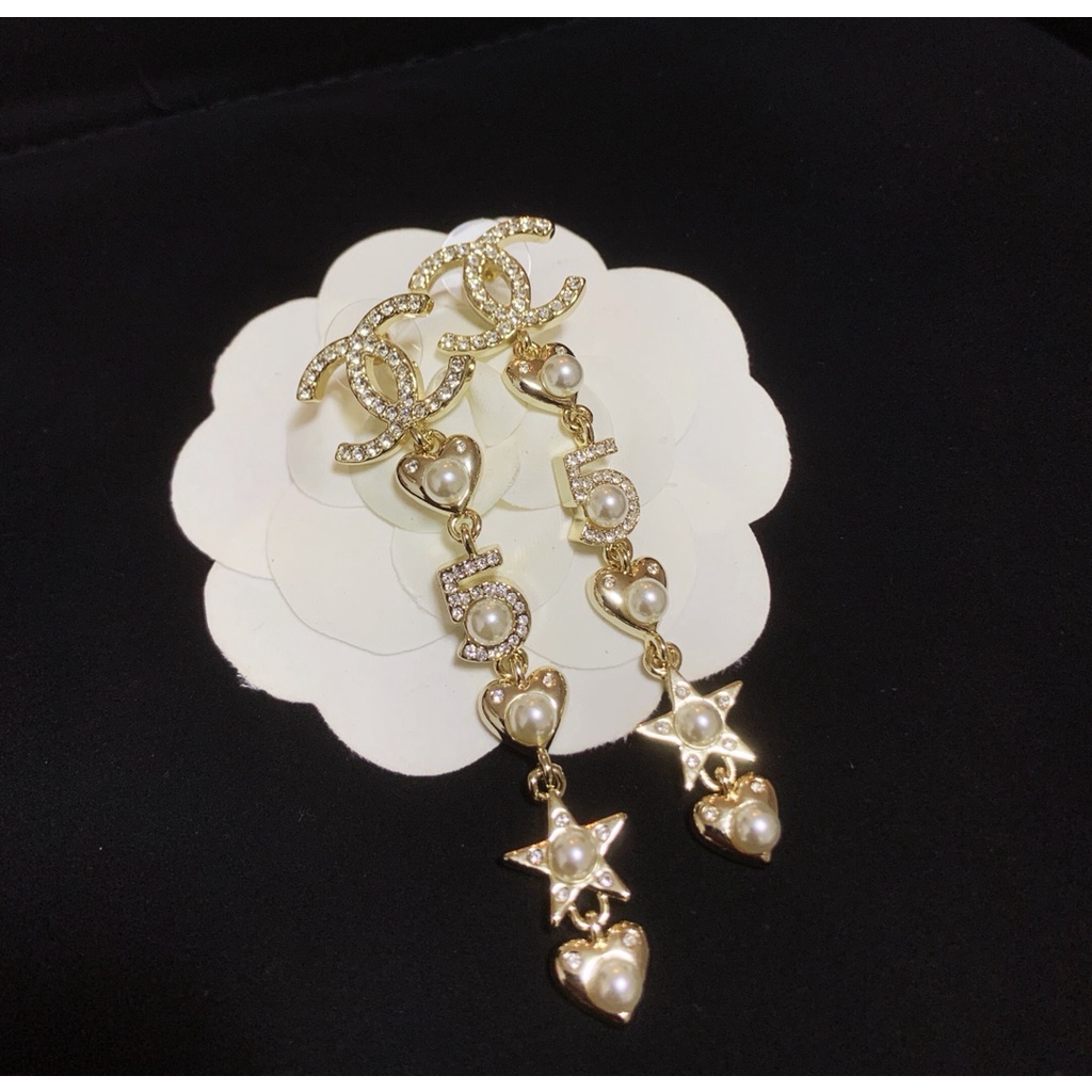 Bông Tai Mạ Bạc 925 Hình Chữ C / Ngôi Sao / Trái Tim Năm Cánh Đính Ngọc Trai Thời Trang