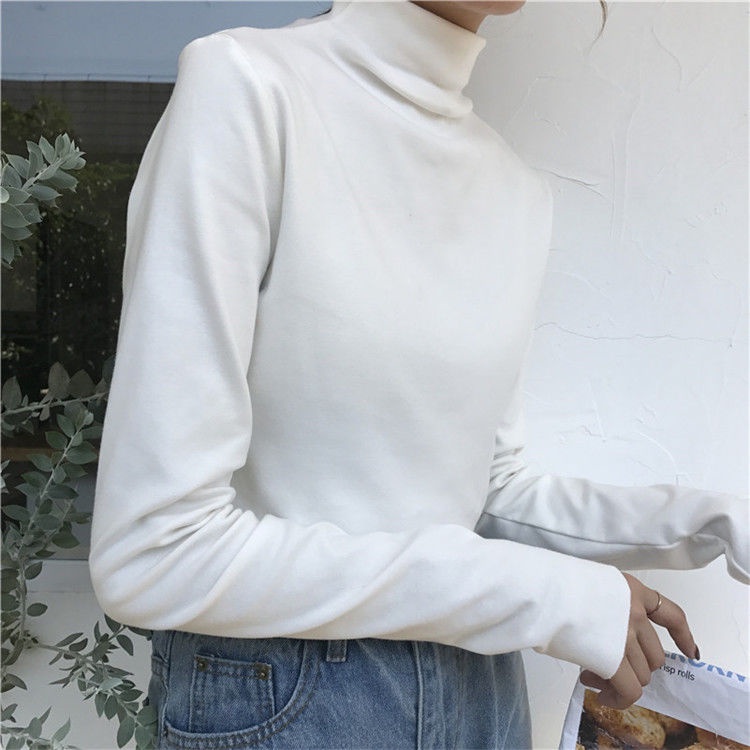Áo Thun Tay Dài Cổ Cao Dáng Ôm Màu Trắng Đen Thời Trang 2022 Cho Bạn Gái