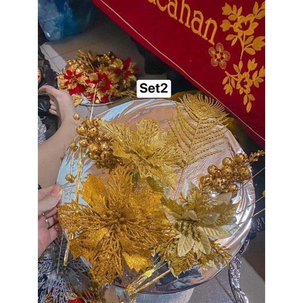 Sét phụ kiện trang trí tháp bánh ,tháp bia ,nước ngọt tài lộc ngày tết ( hoa loại to, mâm 28 cm )